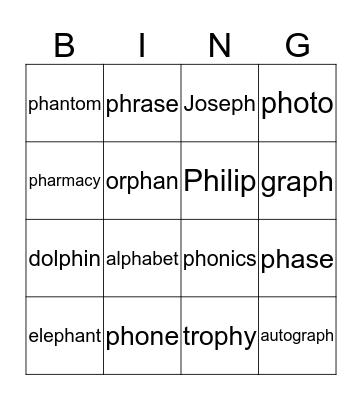 Words with /ph/ Bingo Card