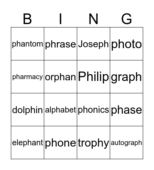 Words with /ph/ Bingo Card