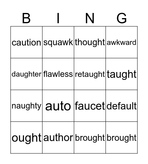 Words with /au/, /aw/, ough and augh Bingo Card