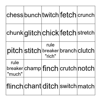 CH at the beginning and end of a word- TCH after a short vowel Bingo Card