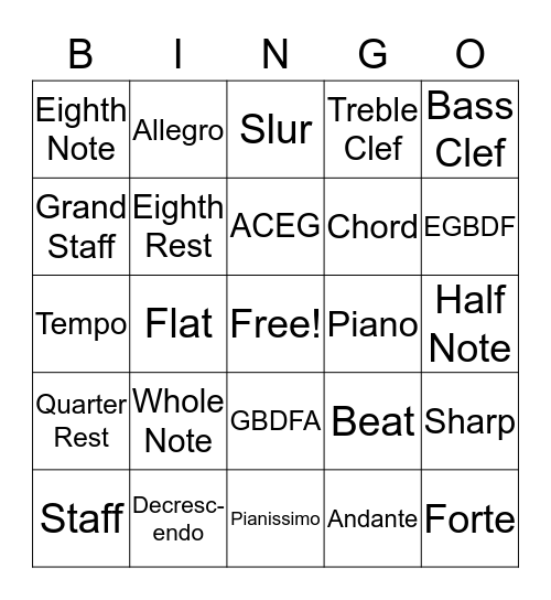 Music Notation Bingo Card