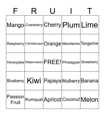 Healthy Nutrition Bingo Card