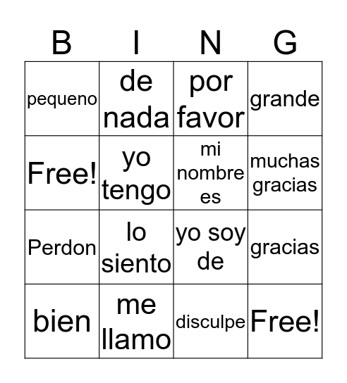 Spanish Bingo Card