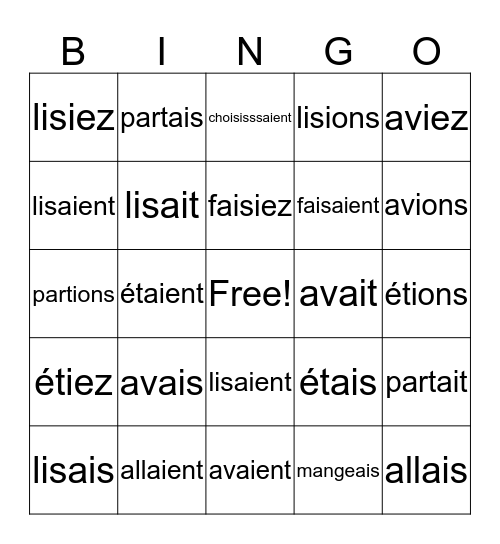Verbes Imparfait Bingo Card