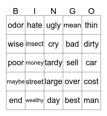 Synonyms and Antonyms Bingo Card