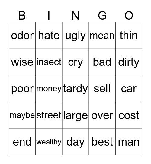 Synonyms and Antonyms Bingo Card