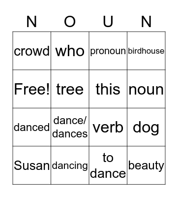 Verbs, Nouns, & Pronouns Bingo Card