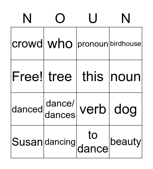 Verbs, Nouns, & Pronouns Bingo Card