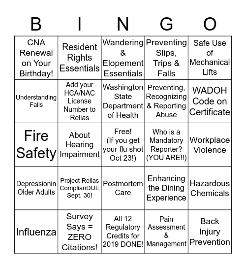 Relias Ninja Bingo Card