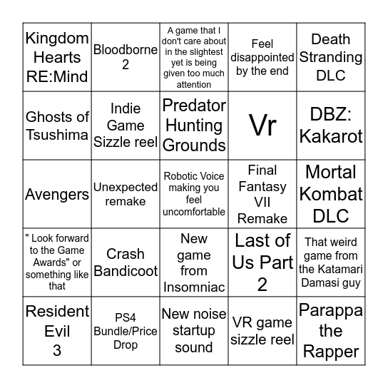 State of Play December Bingo Card