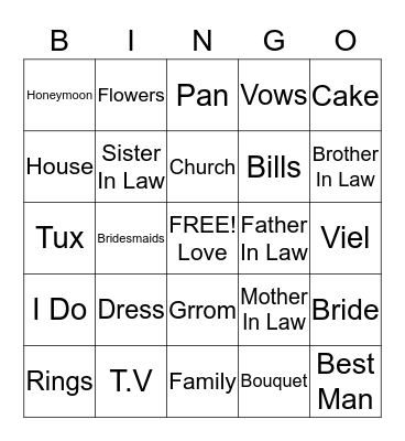 Wedding Bingo!  Bingo Card