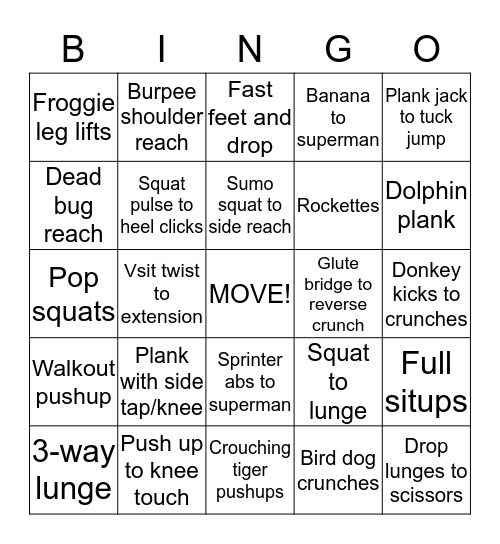 Boot camp Bingo Card