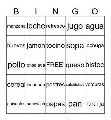 Food Bingo Card