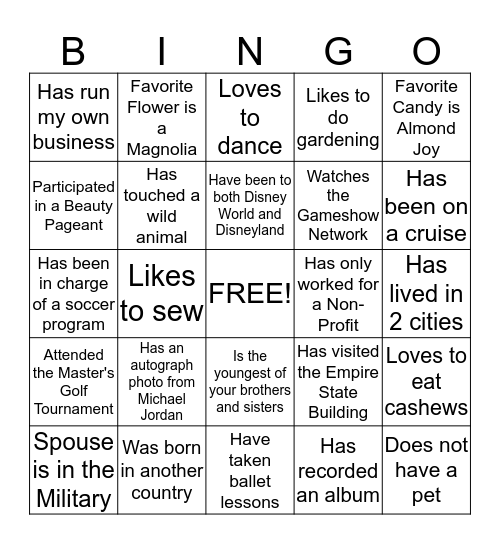 "Get Acquainted" Bingo Card