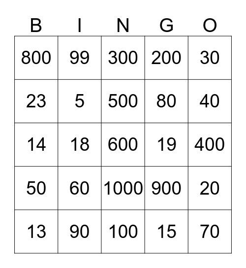Number Bingo Card