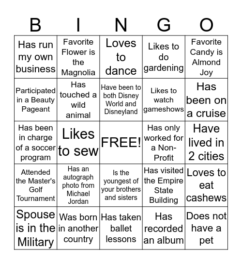 "Get Acquainted" Bingo Card