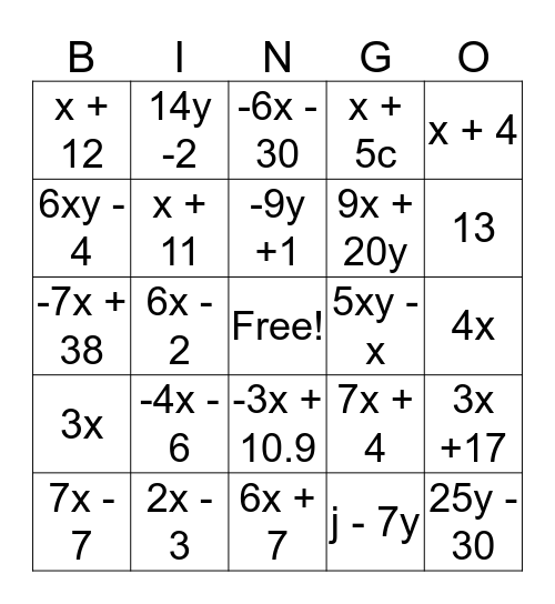 Expressions and  Like terms  Bingo Card