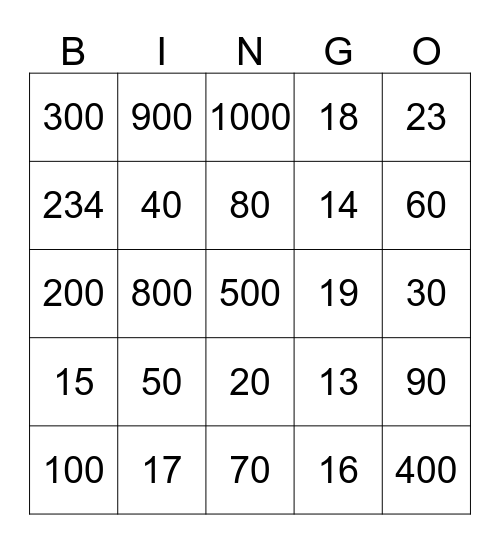 Number Bingo Card