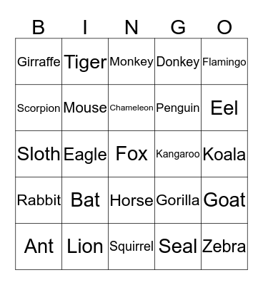 Animals  Bingo Card