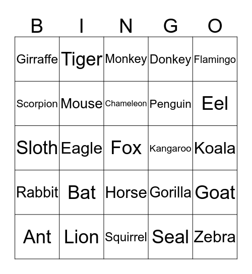 Animals  Bingo Card