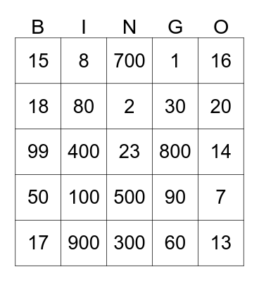Number Bingo Card