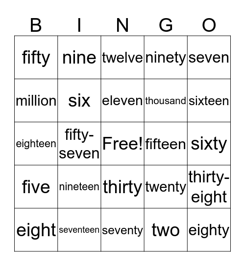 Numbers Bingo Card