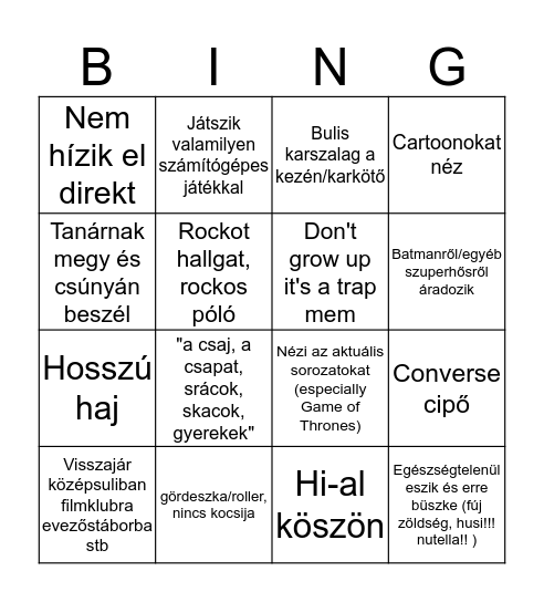 Fiatalnak akarok tűnni bingo Card