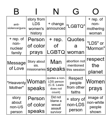 Progressive Mormon Bingo Card
