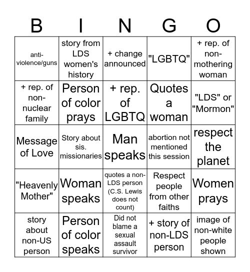 Progressive Mormon Bingo Card