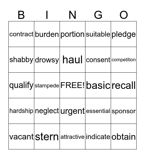 R4 Vocabulary Bingo! Bingo Card