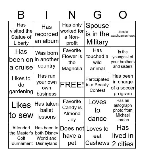 "Get Acquainted" Bingo Card