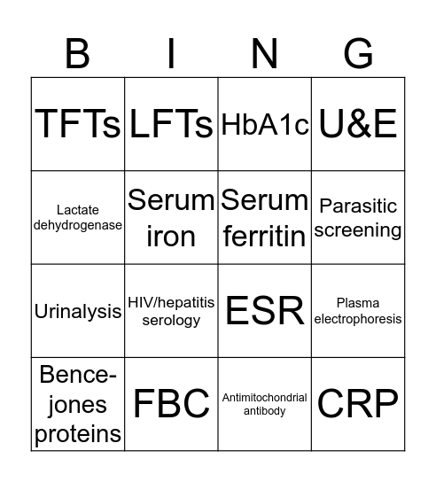 Primary care investigations for generalised itch Bingo Card