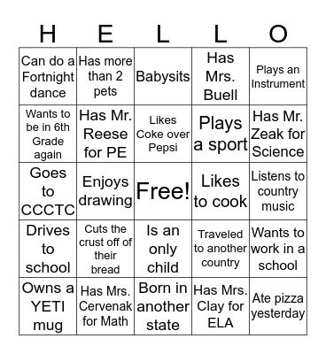 Start w/ Hello Game Card Bingo Card