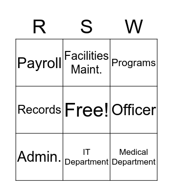 RSW Regional Jail Bingo Card