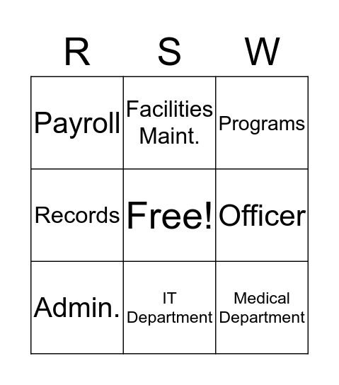 RSW Regional Jail Bingo Card