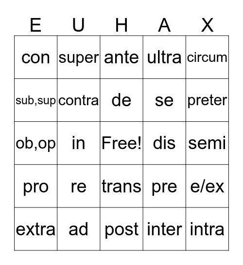 Latin Roots Bingo Card