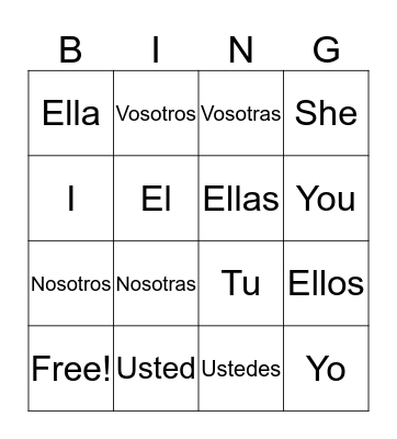 Spanish Pronouns Bingo Card