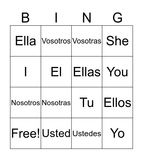 Spanish Pronouns Bingo Card