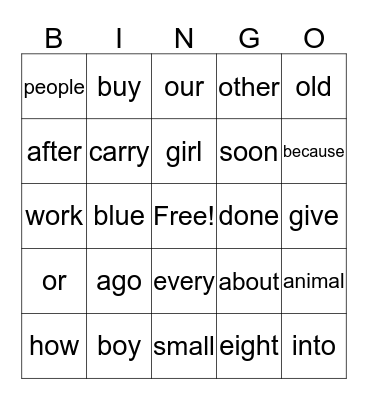 Sight Words 4 Bingo Card
