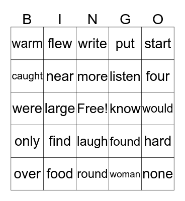 Sight Words 5 Bingo Card