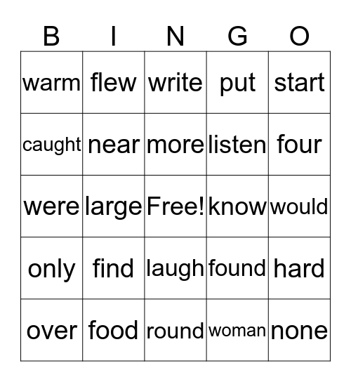 Sight Words 5 Bingo Card