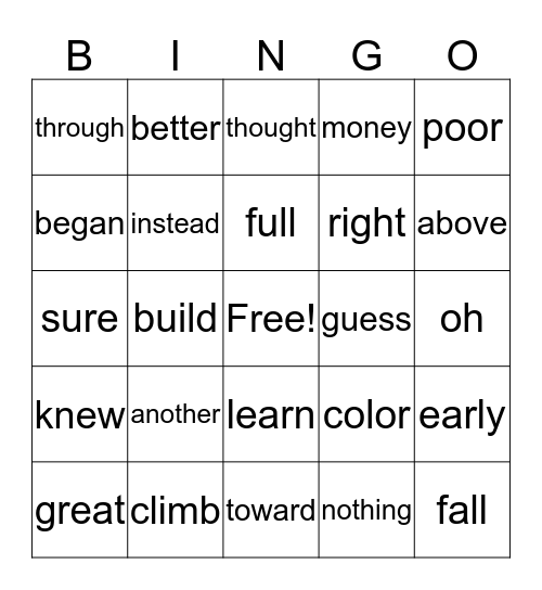 Sight Words 6 Bingo Card
