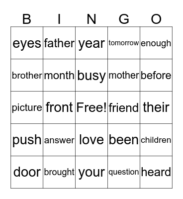 Sight Words 7 Bingo Card