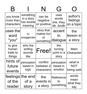 Literary Devices Bingo Card