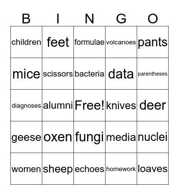 Plurals of Nouns Bingo Card