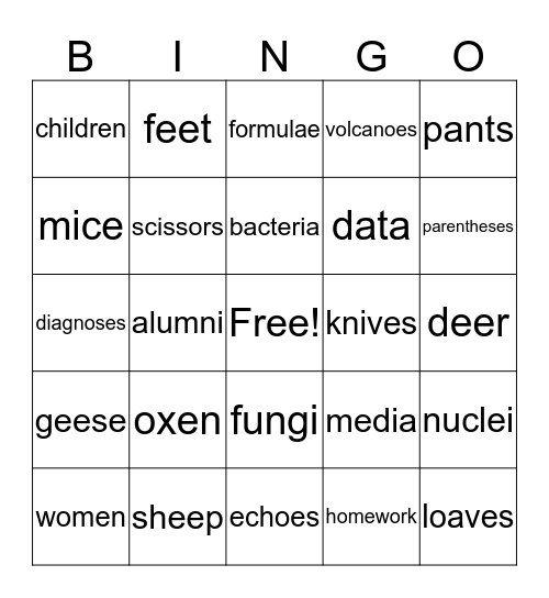 Plurals of Nouns Bingo Card