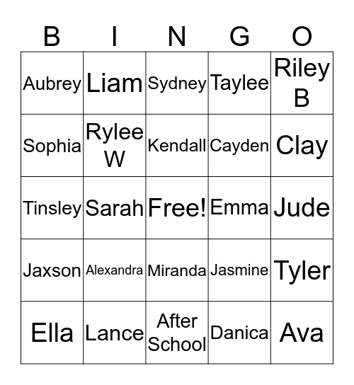 After School Bingo Card