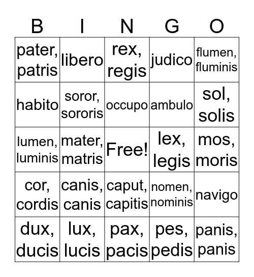 Latin Vocabulary Wk 5  Bingo Card