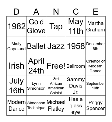 Dancer Bingo Card