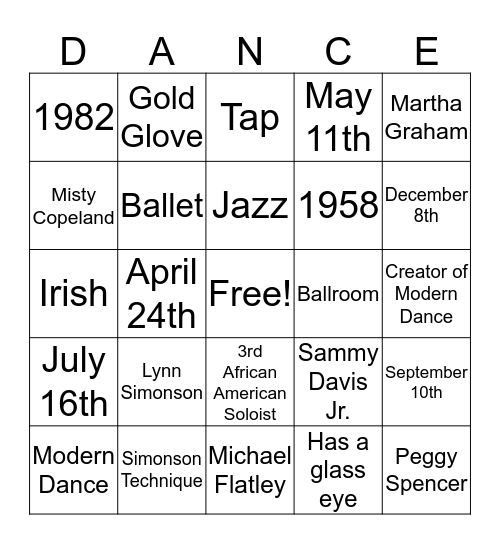 Dancer Bingo Card